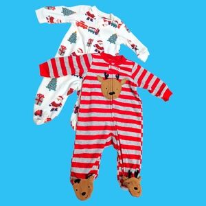 NEW 2pcs Carter's Fleece Santa Claus Reindeer Sleepers PJS Pajamas Size 3 Months
